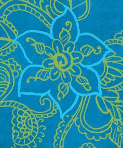 Close-up of the cover of Anjali Enjeti's Southbound. An intricate line drawing of a flower surrounded by leaves and stems in bright blue and green ink.