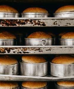 Golden-brown loaves of bread rise out of round tins. The tins sit in lines on multiple levels of worn metal trays.
