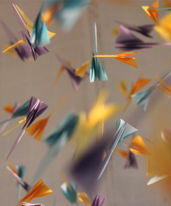 Suspended paper cranes, selectively brought into focus