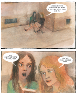 Page 87 of the graphic novel adaptation of My Brilliant Friend. The two-panel page shows two girls sitting together in the top half, and the two girls talking about writing a book in the bottom half.
