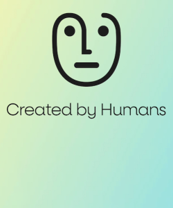 The Created by Humans logo, with the black stylized outline of a human face against a gentle green and blue gradient background. The name of the organization is written out in rounded serif font.