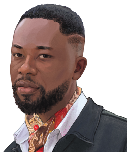 Illustrated portrait of a Black man with short hair, a beard, a black jacket, and a colorful scarf
