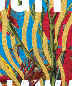 Close-up of the cover of Nawaaz Ahmed’s Radiant Fugitives. Wavy bands of gold and blue run on the vertical axis. Woven between the bands are brilliant red flowers.