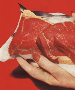 Close-up of the cover of Rachel Yoder’s Nightbitch. A pair of hands holds out a piece of paper with three raw beef steaks on top. The fingernails are painted to match the tone of the steaks.