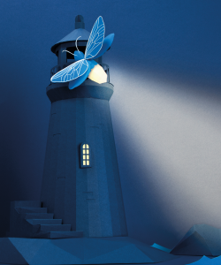 A blue paper lighthouse with a firefly light beaming down on the water below.