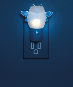 A graphic rendering of a nightlight plugged into a wall outlet with a firefly as its light source. The entire image is rendered in shades of dark blue except for the firefly's light, which is pale cream and white.