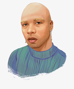 Illustrated portrait of a bald Black person with bleached eyebrows. They wear a blue turtleneck and silver dangly earrings.