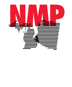The logo of New Michigan Press, which includes bright red block letters NMP on top of a rendering of Michigan in horizontal shaded lines.