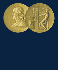 Two sides of the Pulizer Prize on a dark blue background. The prize is a gold disk with a man's bust portrait on one side and a person working the letterpress on the other.