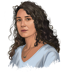 An illustrated portrait of Elisa Gonzalez, a woman with long curly brown hair and medium-tan skin.
