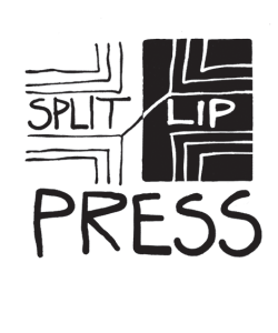 The logo of Split/Lip Press, which is divided into black and white halves, with symmetrical decorative lines on both sides