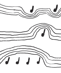 A sketch of rippled musical staffs with four lines instead of five, rounded in some places, with notes hovering around them.