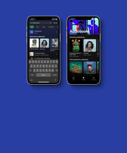 Two smartphones lined up next to each other on an indigo background with the Spotify app displaying its new Audiobooks function.