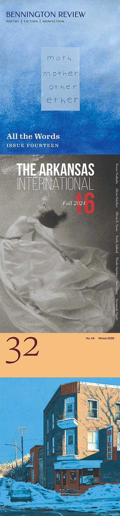 Collage of covers from Bennington Review, Arkansas International, 32 Poems