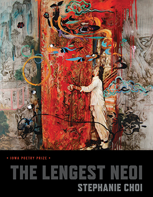 The cover of The Lengest Neoi by Stephanie Choi, depicting a man dressed in traditional Chinese clothes hugging a bright red pillar. In a fantastical sense, the graffiti on the walls is jumping out and overlapping with the whole scene.