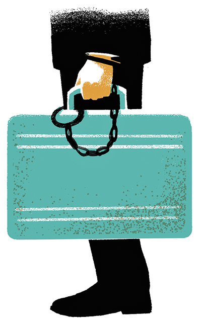 Illustration of the lower two-thirds of man with handcuff on wrist attached to a metal attaché case 
