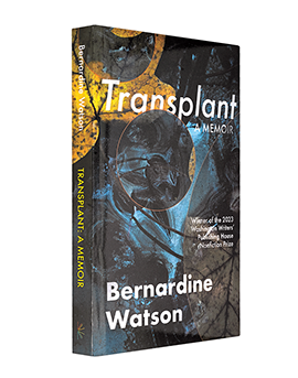 The cover of Transplant, which features abstract leaf metaphors across the cover and spine in dark blue, gray, and yellow.