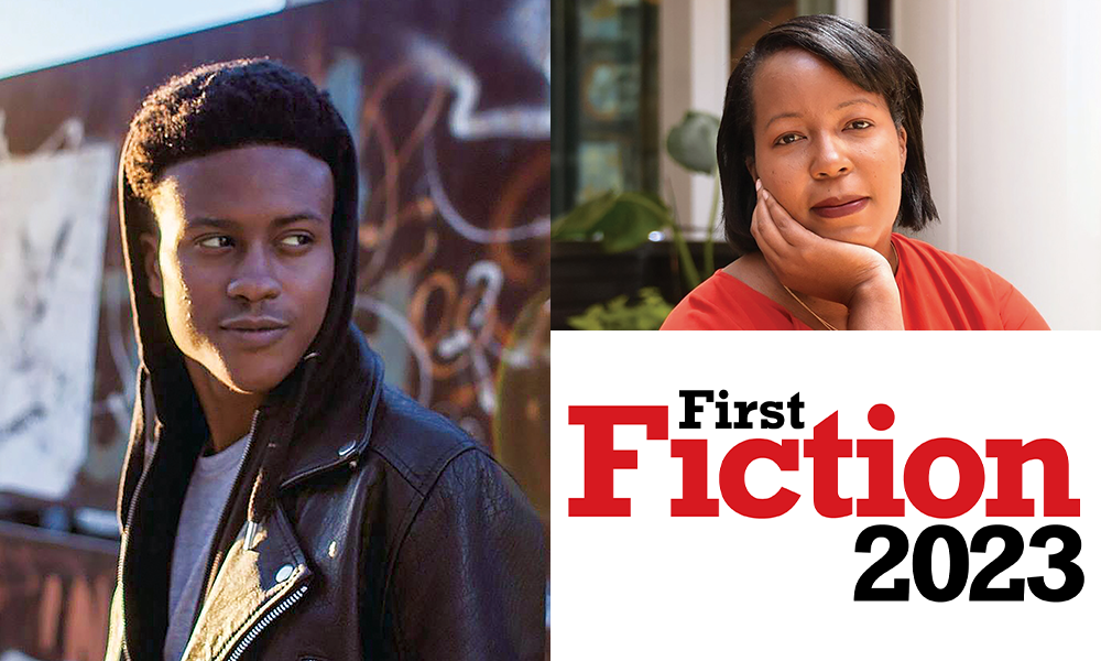 Collage with portrait of Tyriek White, a Black man wearing a dark jacket and dark hooded sweatshirt; Maisy Card, a Black woman wearing a bright red long-sleeved shirt; and the First Fiction 2023 logo.