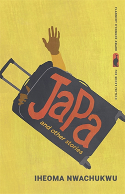 The cover of Japa and Other Stories, the winner of the Flannery O’Connor Award for Short Fiction. It features the black illustrated silhouette of a suitcase against a mustard yellow background.