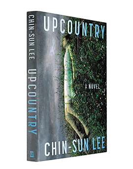 A photo of the cover and spine of Upcountry, which features a painting of a girl lying in a field on a cloudy day. The gray of the clouds extends from the cover to the spine.