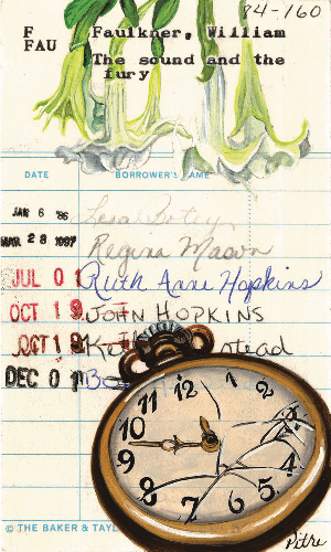 Old-style library checkout card with handwritten names and dates and a painting of flowers and a pocketwatch