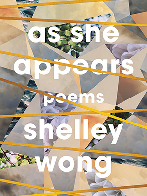 A neutral mosaic-like collage of images and textures. Gold lines criss-cross the images and text. White title text: "As She Appears"