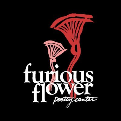 Furious Flower logo, featuring the words Furious Flower Poetry Centeron a black background with two drawings of blossoms